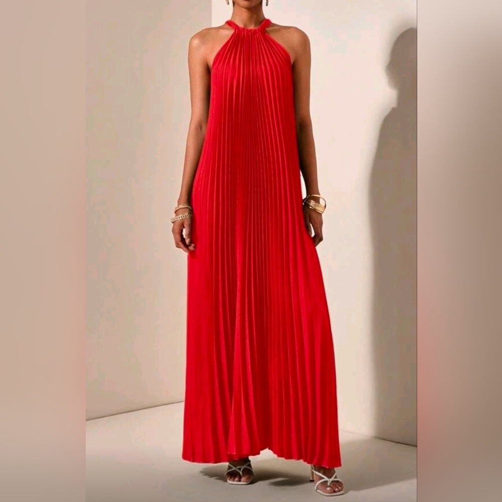 New Glam Halter Tie Pleated Maxi Dress Red - Picture 5 of 10